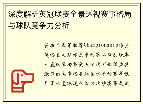 深度解析英冠联赛全景透视赛事格局与球队竞争力分析